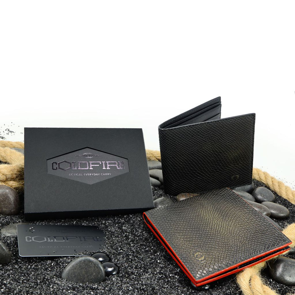 coldfire snake eye bifold leather wallet front black red