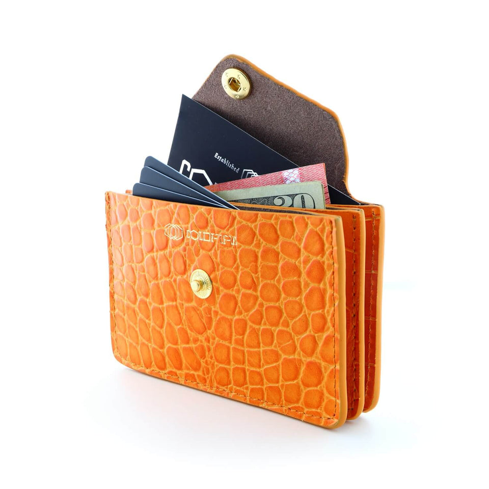 Women's Small Card Case Wallet with Flap. Mini Credit Card Holder. Croco Embossed Orange - COLDFIRE