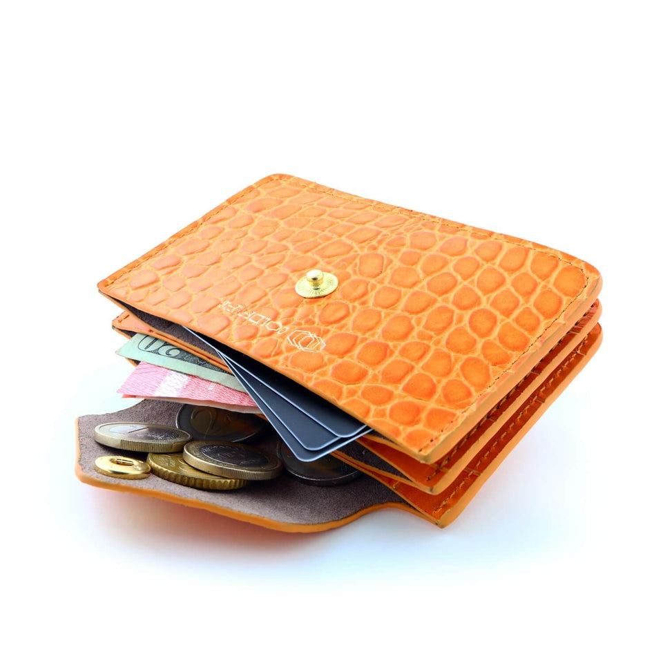 Women's Small Card Case Wallet with Flap. Mini Credit Card Holder. Croco Embossed Orange - COLDFIRE