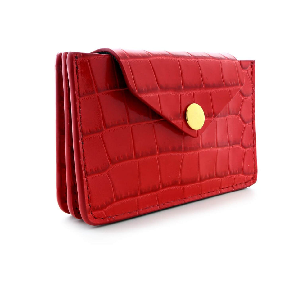 Women's Small Card Case Wallet with Flap. Mini Credit Card Holder. Croco Embossed Red - COLDFIRE